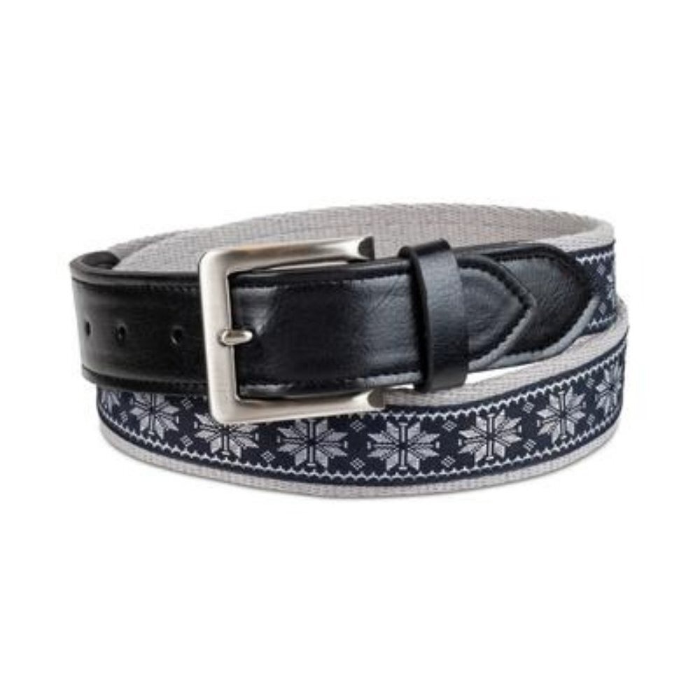 Club Room Men's Belt Nordic Snowflake Pattern Leather Trim Silver Bucklem Size L
